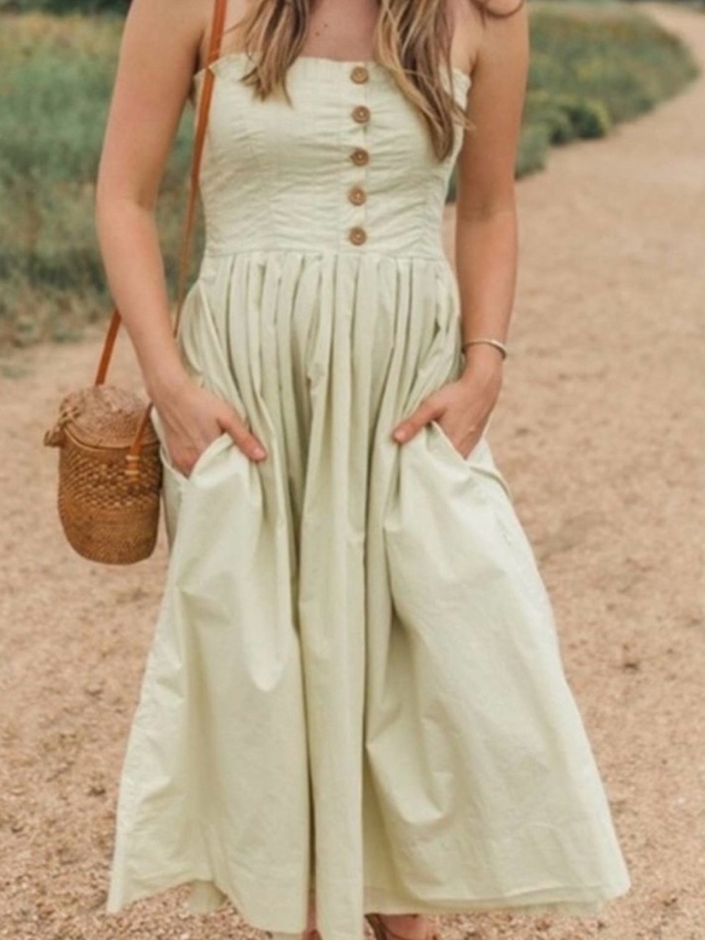 Free People Dress Lilah green/yellow Size XS Smock back Midi Cottagecore pockets